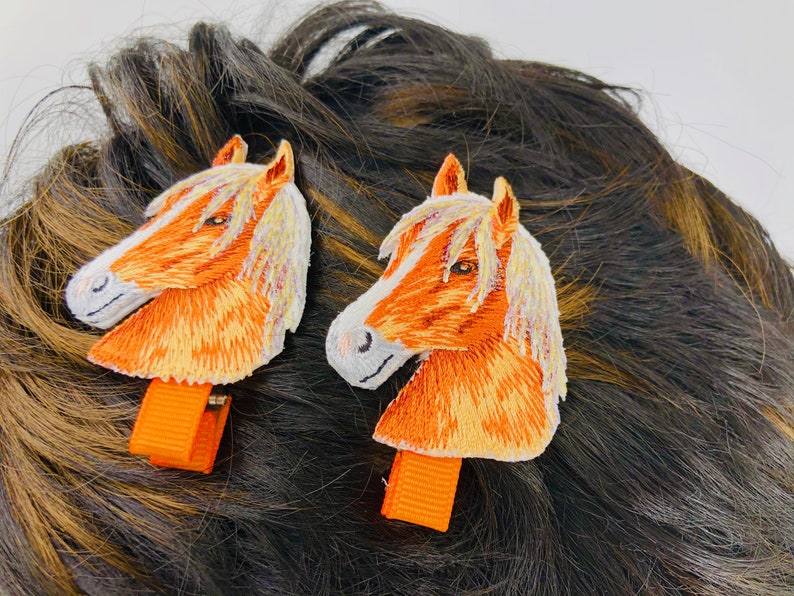 Orange Horse Head Partially Covered Orange and Brown Brown Horse Head Horse Head Hair Clip Applique Horse Head Grosgrain Ribbon