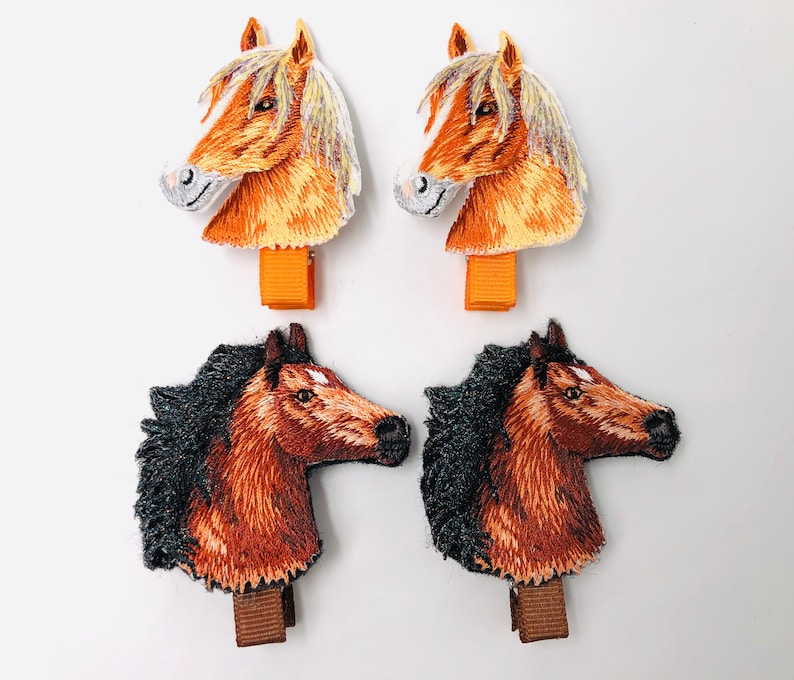 Orange Horse Head Partially Covered Orange and Brown Brown Horse Head Horse Head Hair Clip Applique Horse Head Grosgrain Ribbon