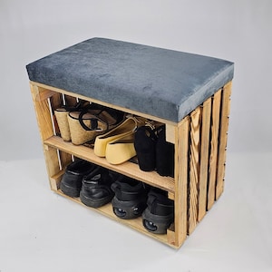 Wooden Shoe Storage bench in burnt effect with shelf and velvet seat cushion available in various colours perfect housewarming gift