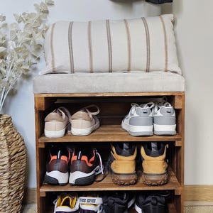 Handmade rustic wooden crate shoe rack with three tiers in solid pine