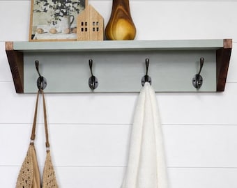 Painted Wooden Coat Rack with Shelf – Entryway Organizer, Metal Hooks
