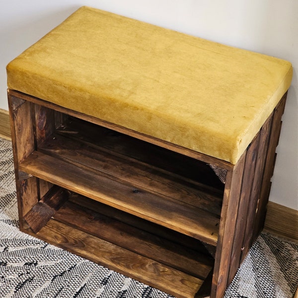 Farmhouse Wooden Crate Shoe Bench: Rustic Stained Pine with Velvet Seat