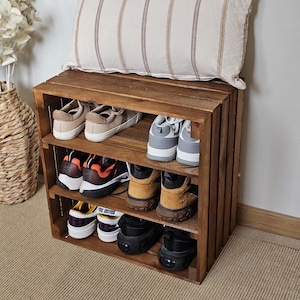 Handmade rustic wooden crate shoe rack with three shelves – solid pine shoe storage bench in dark oak finish by Woodenify.