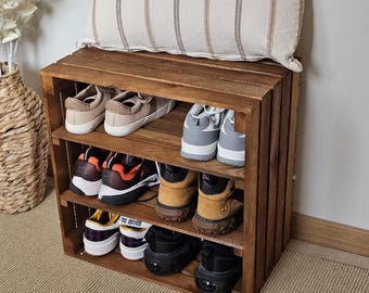 Rustic Wooden Crate Shoe Rack – 3-Tier Solid Pine Shoe Storage Bench