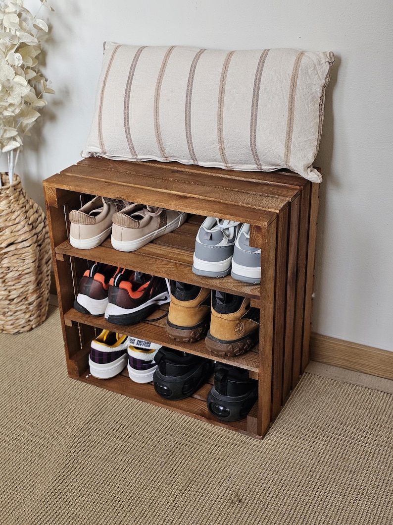 Handmade rustic wooden crate shoe rack with three shelves – solid pine shoe storage bench in dark oak finish by Woodenify.