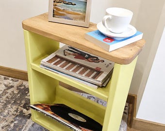 Handmade Wooden Slim Sofa Side Table, End Table with Shelf and Storage Compartment