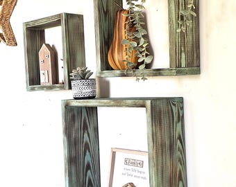 Rustic Wooden Cube Shelves: Farmhouse Floating Wall Decor, Set of 3