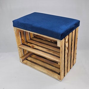Wooden Shoe Storage bench in burnt effect with shelf and velvet seat cushion available in various colours perfect housewarming gift Dark Blue