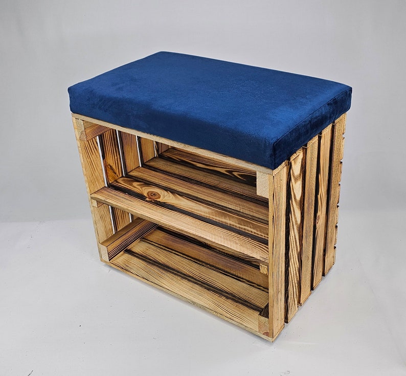 Wooden Shoe Storage bench in burnt effect with shelf and velvet seat cushion available in various colours perfect housewarming gift Dark Blue