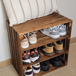 Top view of solid wood shoe rack and storage box with smooth wax finish – rustic handmade furniture by Woodenify.