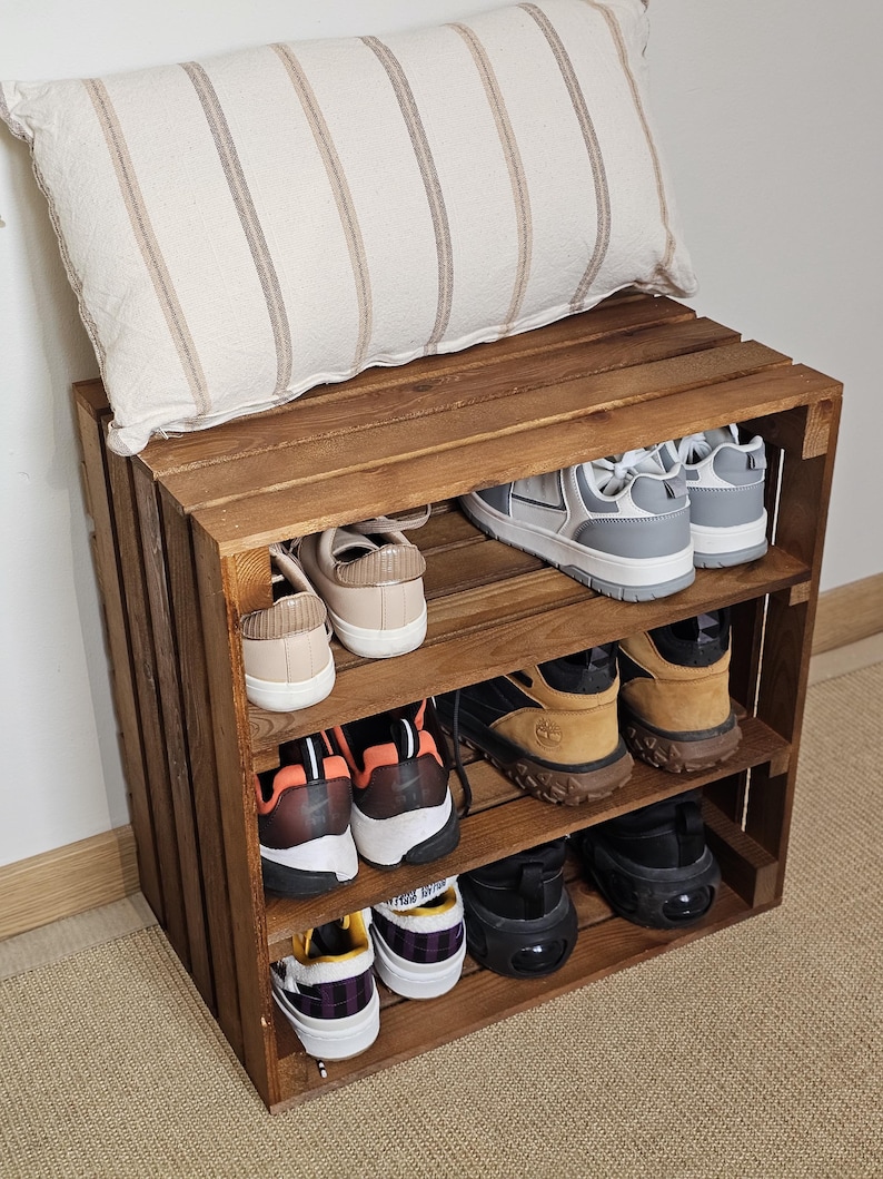 Top view of solid wood shoe rack and storage box with smooth wax finish – rustic handmade furniture by Woodenify.