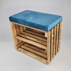 Wooden Shoe Storage bench in burnt effect with shelf and velvet seat cushion available in various colours perfect housewarming gift Teal