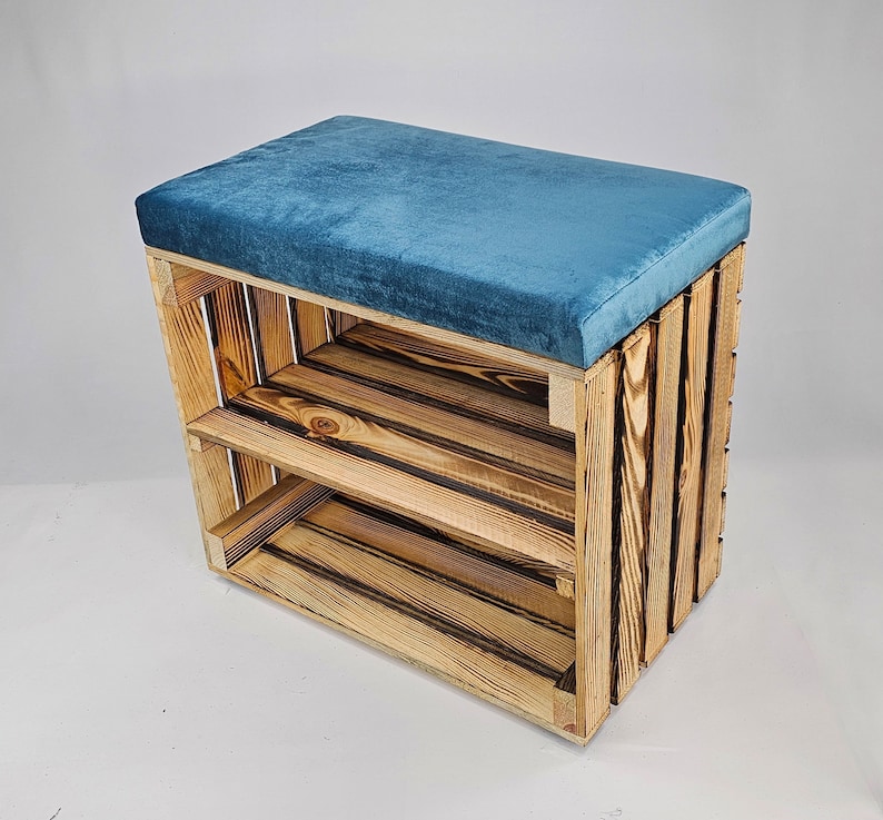 Wooden Shoe Storage bench in burnt effect with shelf and velvet seat cushion available in various colours perfect housewarming gift Teal