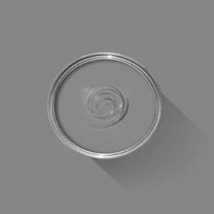 May include: An overhead view of an open can of gray paint. The paint has a swirl pattern in the center. The can is silver and sits on a gray surface, casting a shadow.