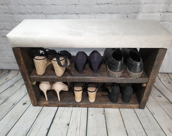 Housewarming Gifts Solid Rustic Shoe Rack Upholstered Seat| Farmhouse Shoe Storage | Handmade Rustic Bench | Shoe Storage | Wooden Shoe Rack