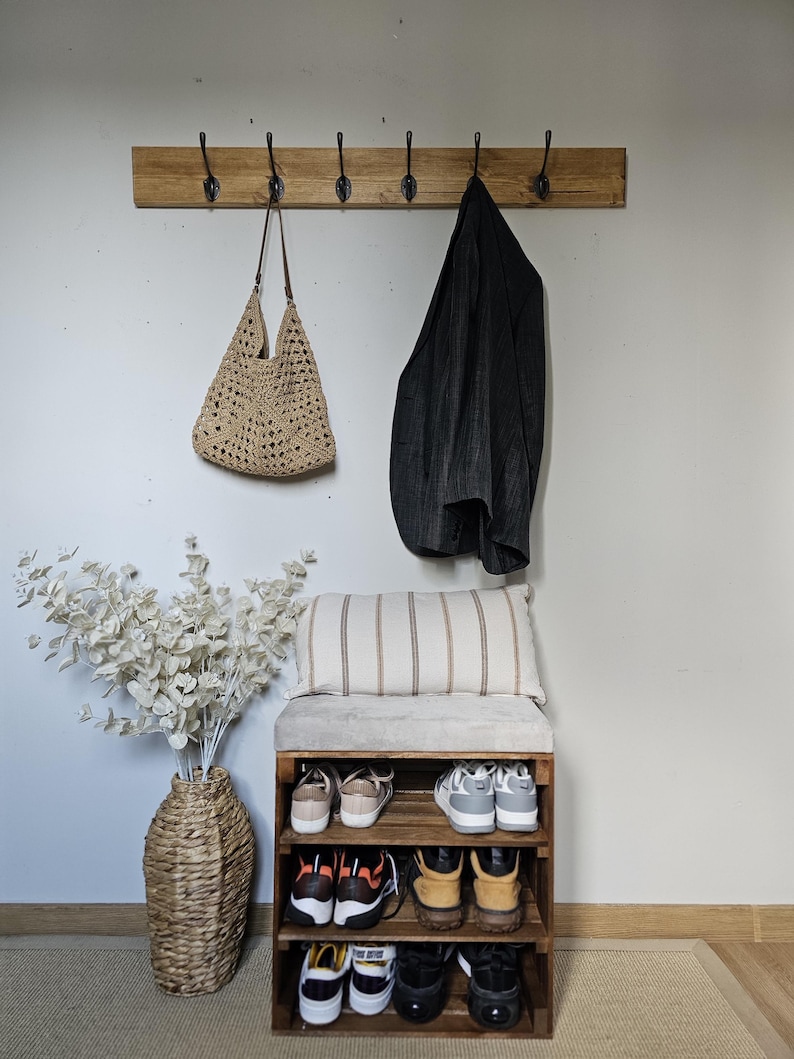 Solid wood crate shoe rack bench handmade for hallway storage
