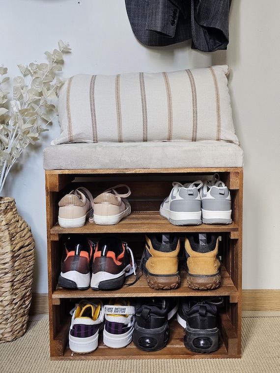 Handmade Rustic Pine Shoe Rack Bench – 3-Tier Entryway Storage with Optional Cushion