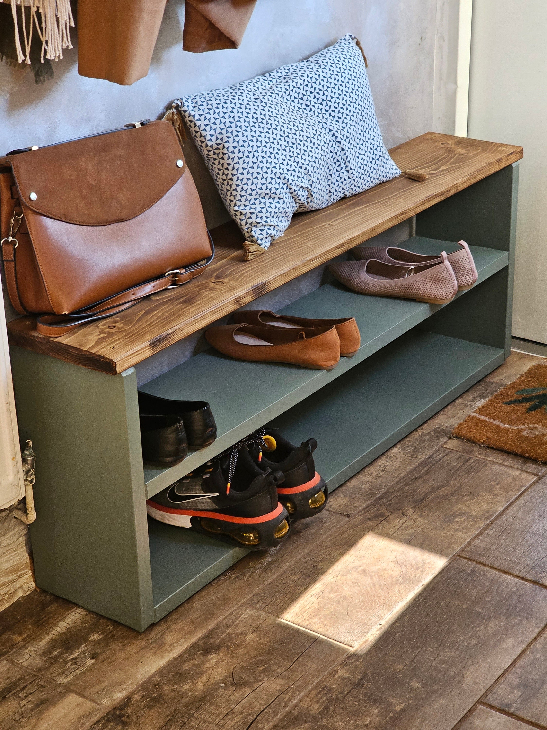 Wall Mounted Hallway Rustic Shoe Rack Dark Oak 