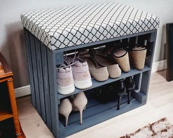 Wooden Crate|  Shoe Rack with Seat| Shoe Box with Upholstered Seat| | Shoe Storage | Wooden Crates| Storage Box | Two Inch Cushion