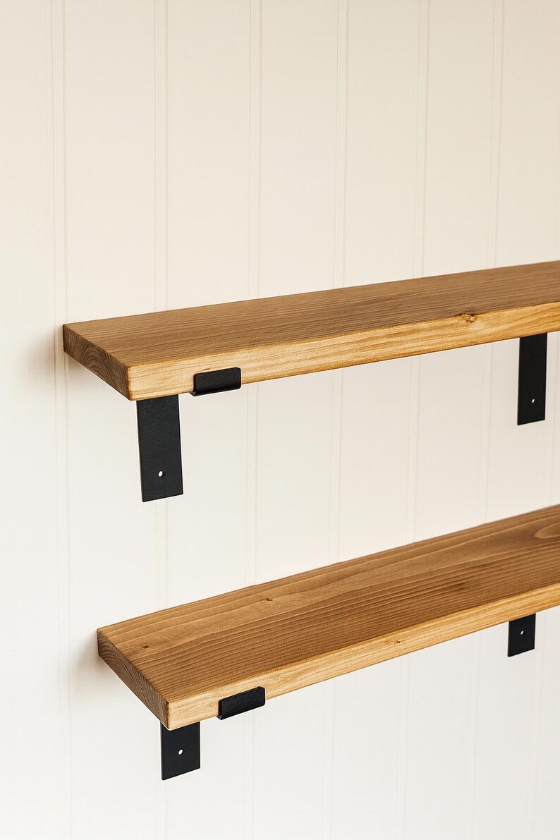 Solid Wood Floating Shelf – Rustic Pine With Black Steel Brackets - Etsy UK