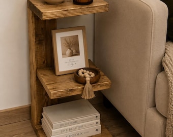 Handmade Slim Wooden Sofa Side Table | Narrow Rustic End Table | Solid Wood Bedside E shape Table | Small Space Side Table | Narrow Table