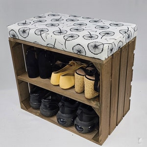 Oak Stained Wooden Crate Shoe Rack with Dandelion Cushion