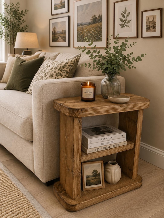 Solid Wood Narrow Sofa Side Table | Slim Rustic Handmade Wooden End Table -various sizes and colours