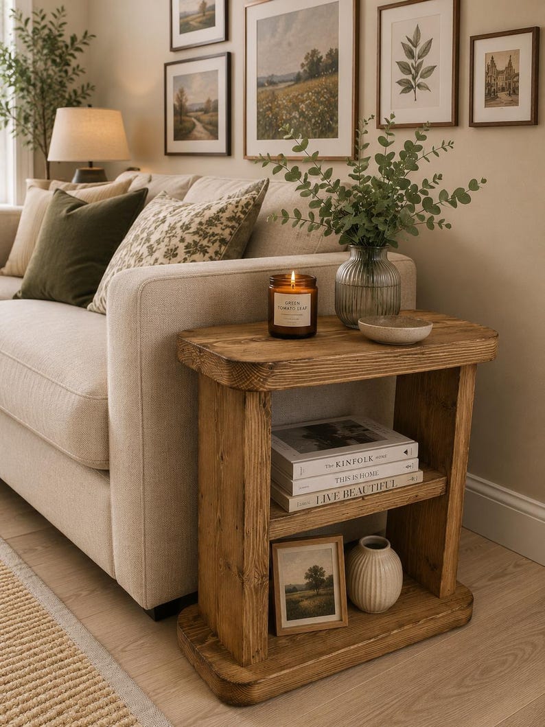 May include: A living room interior featuring a beige sofa with cushions and framed pictures on the wall. A wooden side table displays a lit candle, books, a small vase, and a bowl. The candle jar reads "Green Tomato Leaf".
