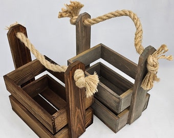 Rustic Wooden Crate with Rope Handle: Farmhouse Decor, Gift Box