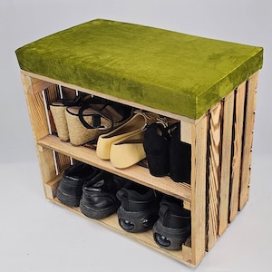 Burnt effect wooden crate with upholstered velvet cushion in lime