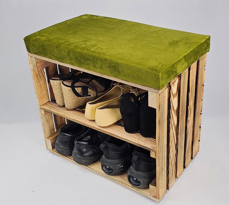 Burnt effect wooden crate with upholstered velvet cushion in lime