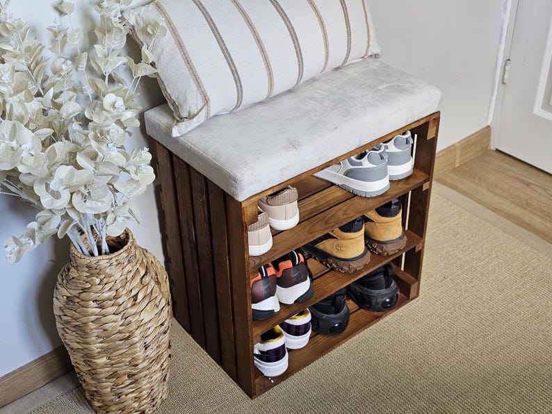 Handmade Rustic Pine Shoe Rack Bench – 3-Tier Entryway Storage with Optional Cushion bild 15