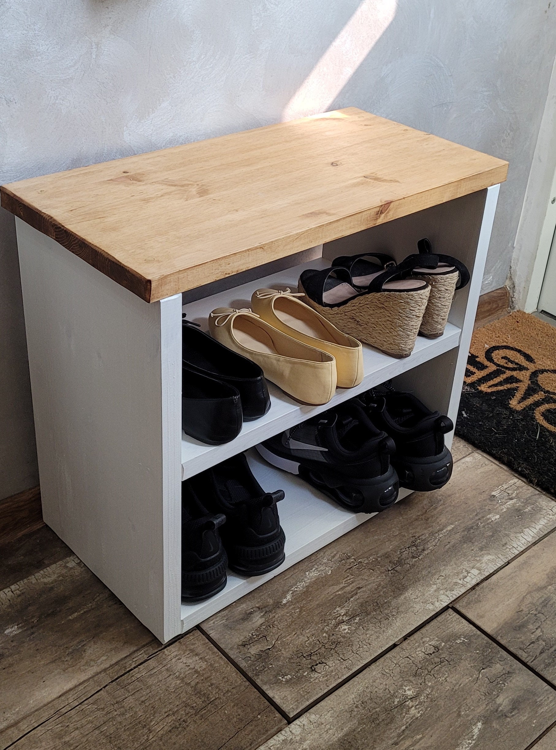 Solid Bespoke Wooden Handmade Shoe Rack Bench With Waxed Top 30 Cm