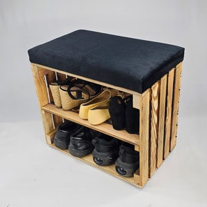 Wooden Shoe Storage bench in burnt effect with shelf and velvet seat cushion available in various colours perfect housewarming gift Black
