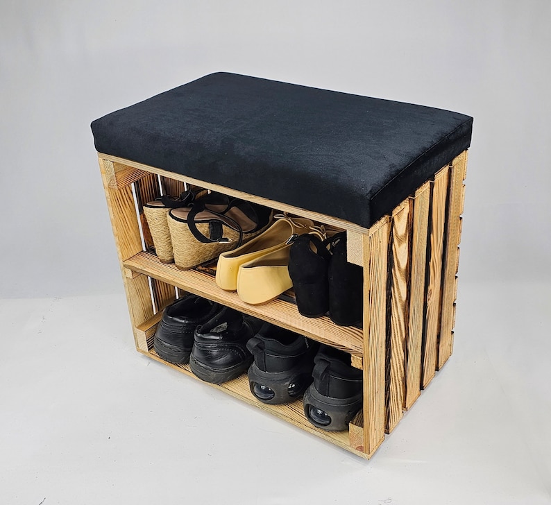 Wooden Shoe Storage bench in burnt effect with shelf and velvet seat cushion available in various colours perfect housewarming gift Black