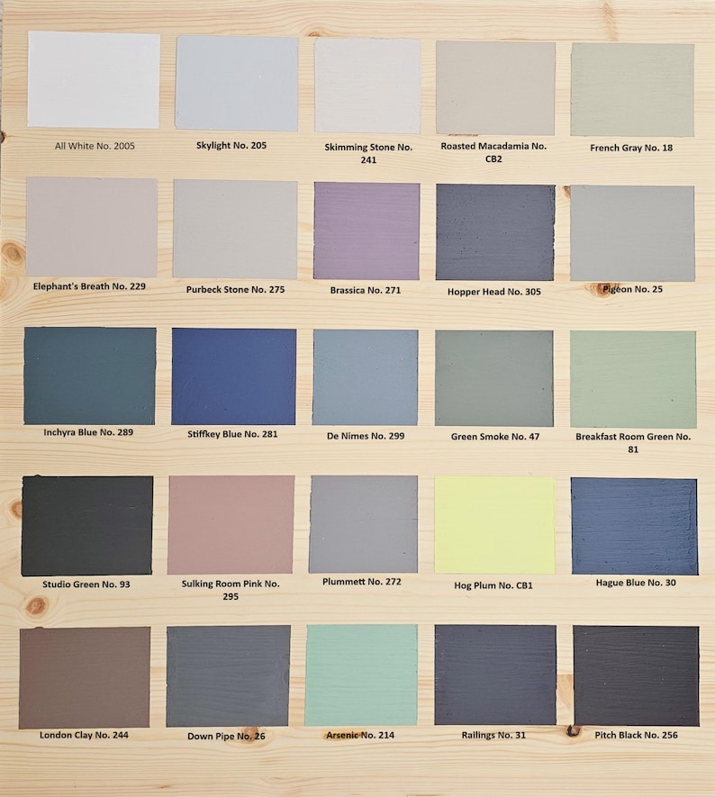 May include: A color chart with 18 paint color samples, each with a name and number. The colors range from white to black, with shades of gray, blue, green, pink, and brown.
