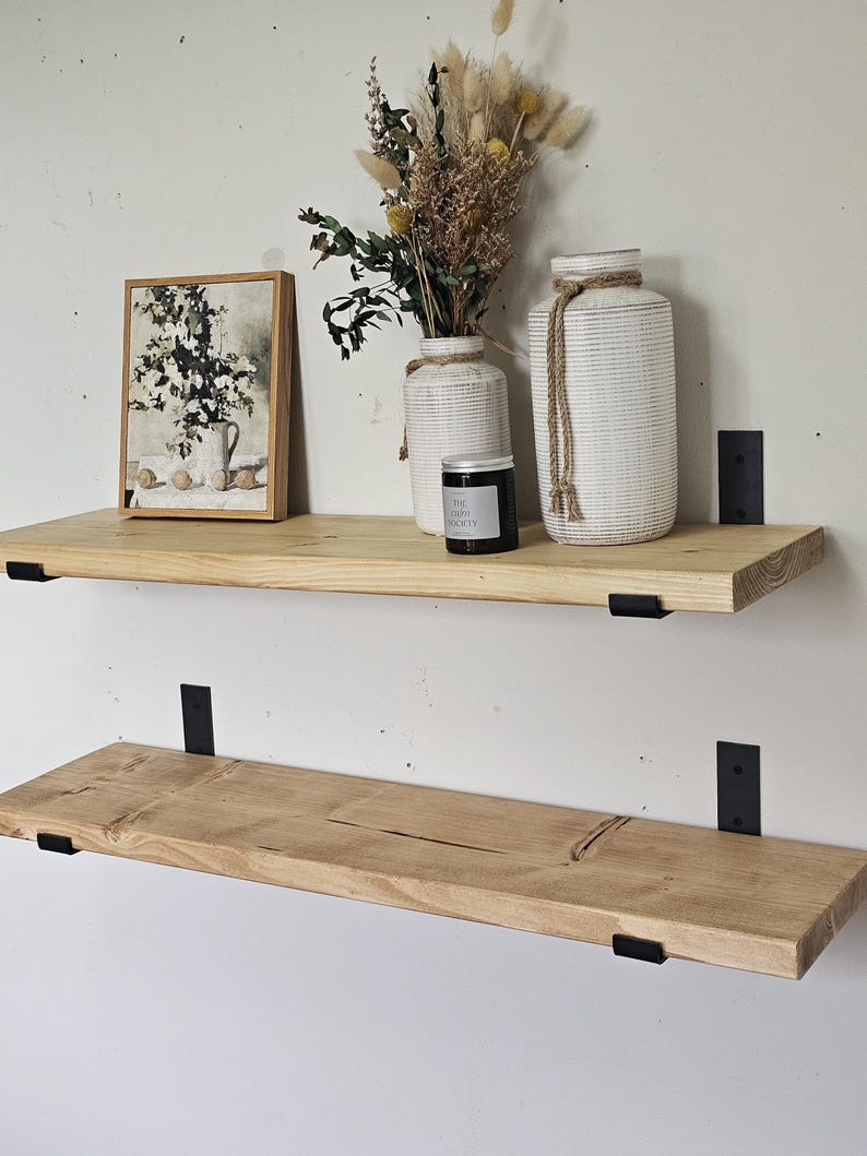 Solid Wood Floating Shelf – Rustic Pine With Black Steel Brackets - Etsy UK