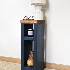 Handmade Slim Wooden Side Table: Narrow Accent Lamp Stand