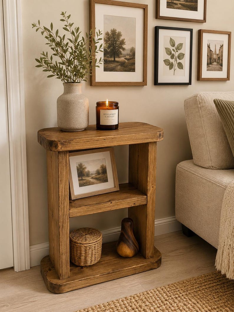 May include: A rustic wooden side table with two shelves, holding a beige vase with greenery, a lit candle, a framed landscape print, a woven basket, and a wooden sculpture. Several framed landscape prints hang on the wall.