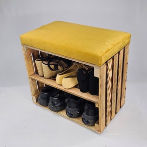 Wooden Shoe Storage bench in burnt effect with shelf and velvet seat cushion available in various colours perfect housewarming gift Mustard