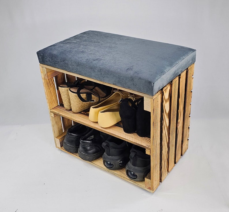 Wooden Shoe Storage bench in burnt effect with shelf and velvet seat cushion available in various colours perfect housewarming gift Grey