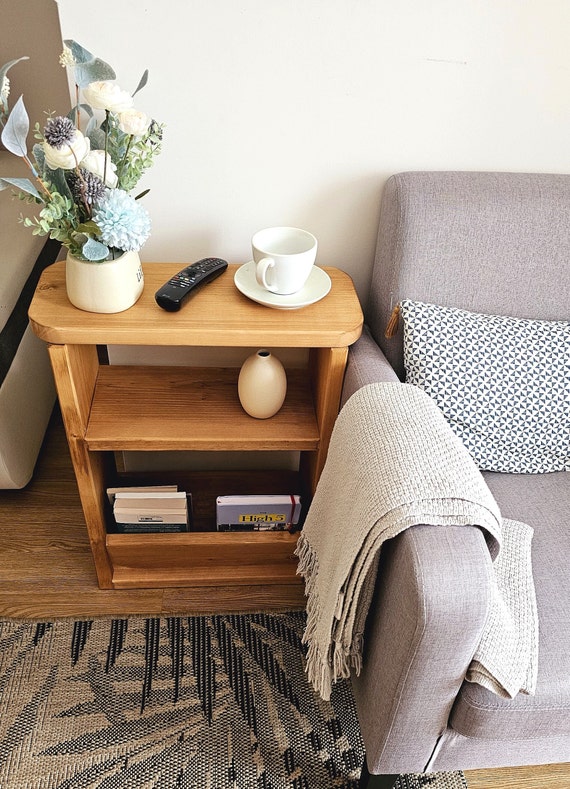 Narrow End Table: Solid Wood Bedside Table with Shelf