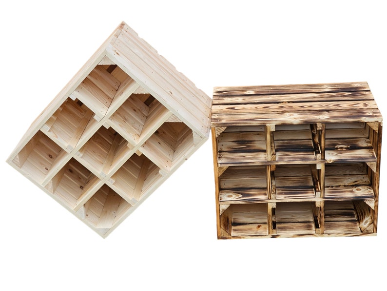 May include: Two wooden wine racks. One is natural wood, the other is a darker, burnt wood. Each rack has nine compartments. The natural wood rack is angled, while the burnt wood rack is upright.