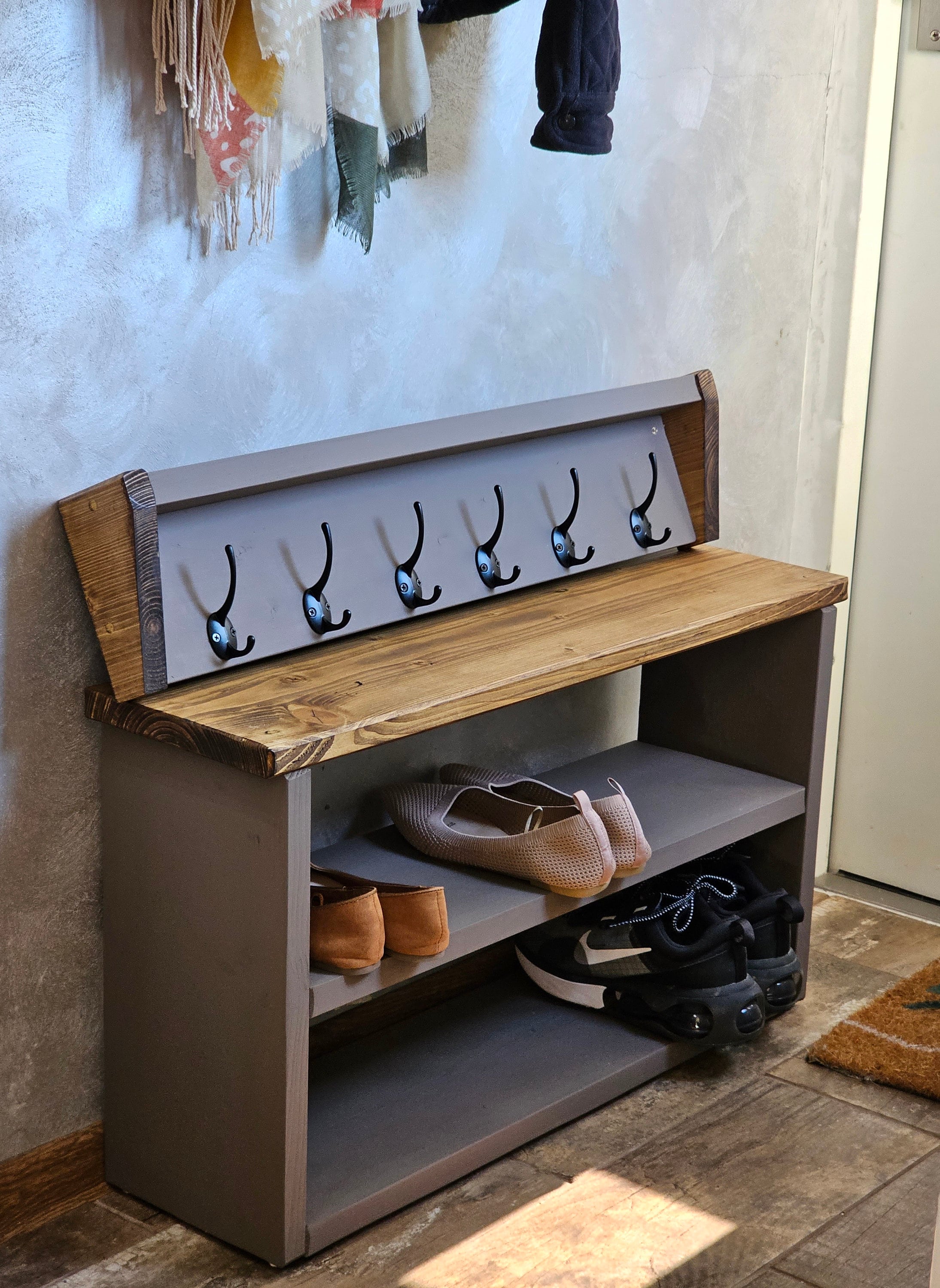 100% Solid Wood Shoe Bench + Coat Rack with 8 Hooks Combination -  fancyarnfurniture