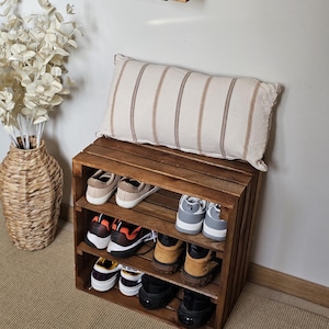 Solid pine wooden crate shoe storage unit showing three spacious shelves