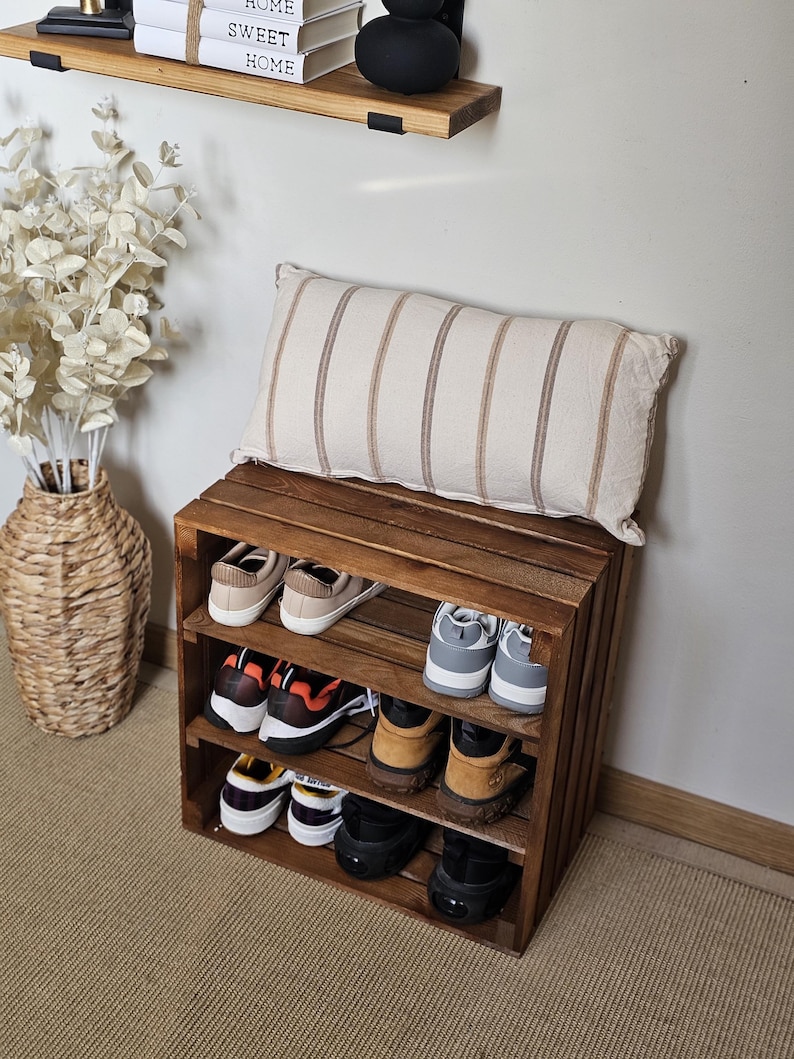 Solid pine wooden crate shoe storage unit showing three spacious shelves
