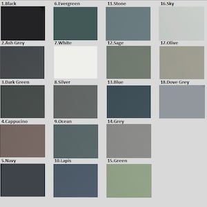 May include: A color chart with 18 different paint colors, labeled with numbers and names. The colors include black, ash grey, dark green, cappuccino, navy, evergreen, white, silver, blue, ocean, grey, stone, sky, olive, dove grey, lapis, and green.