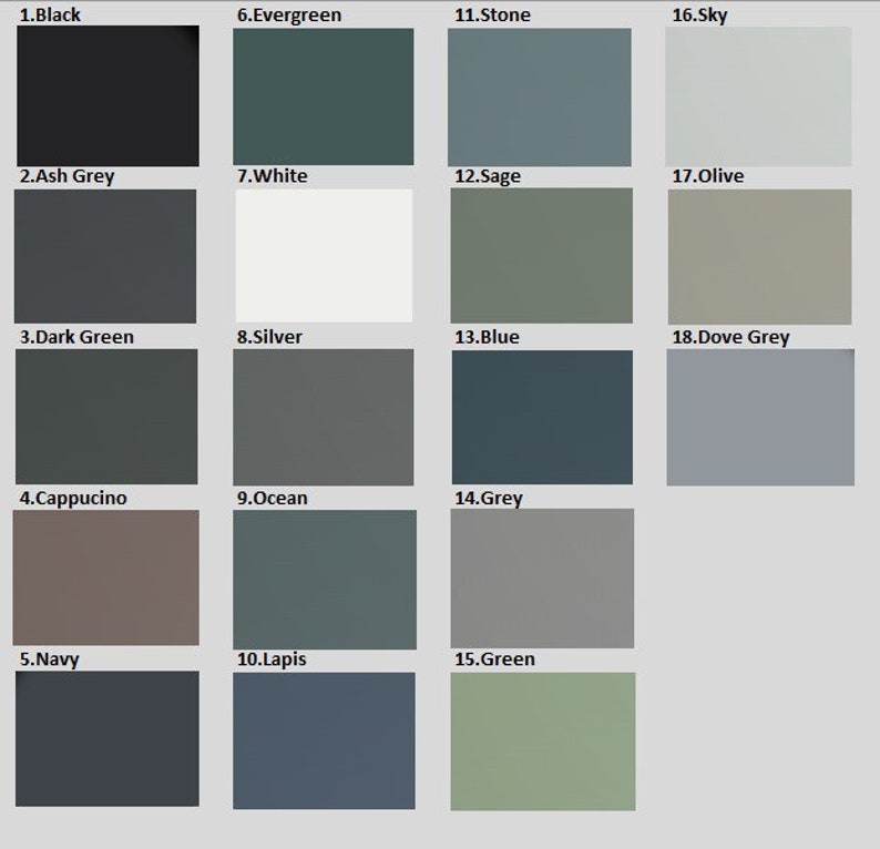 May include: A color chart with 18 different paint colors, labeled with numbers and names. The colors include black, ash grey, dark green, cappuccino, navy, evergreen, white, silver, blue, ocean, grey, stone, sky, olive, dove grey, lapis, and green.