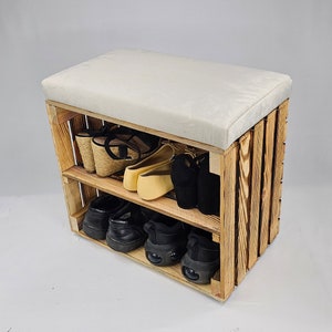 Wooden Shoe Storage bench in burnt effect with shelf and velvet seat cushion available in various colours perfect housewarming gift Beige