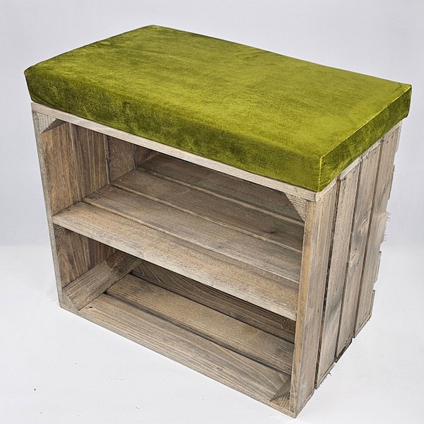 Rustic Wooden Crate Bench: Velvet Seat & Shoe Rack